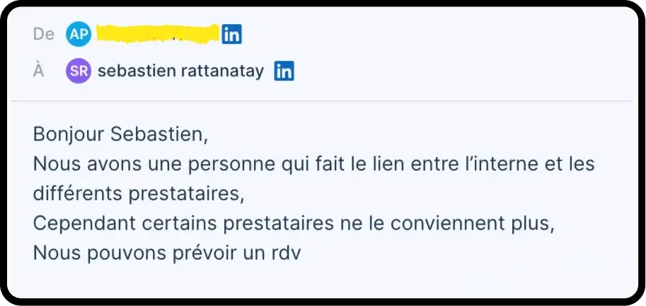 Réponse LinkedIn reçue par YSY ONE : un dirigeant dont certains prestataires ne conviennent plus propose un rendez-vous