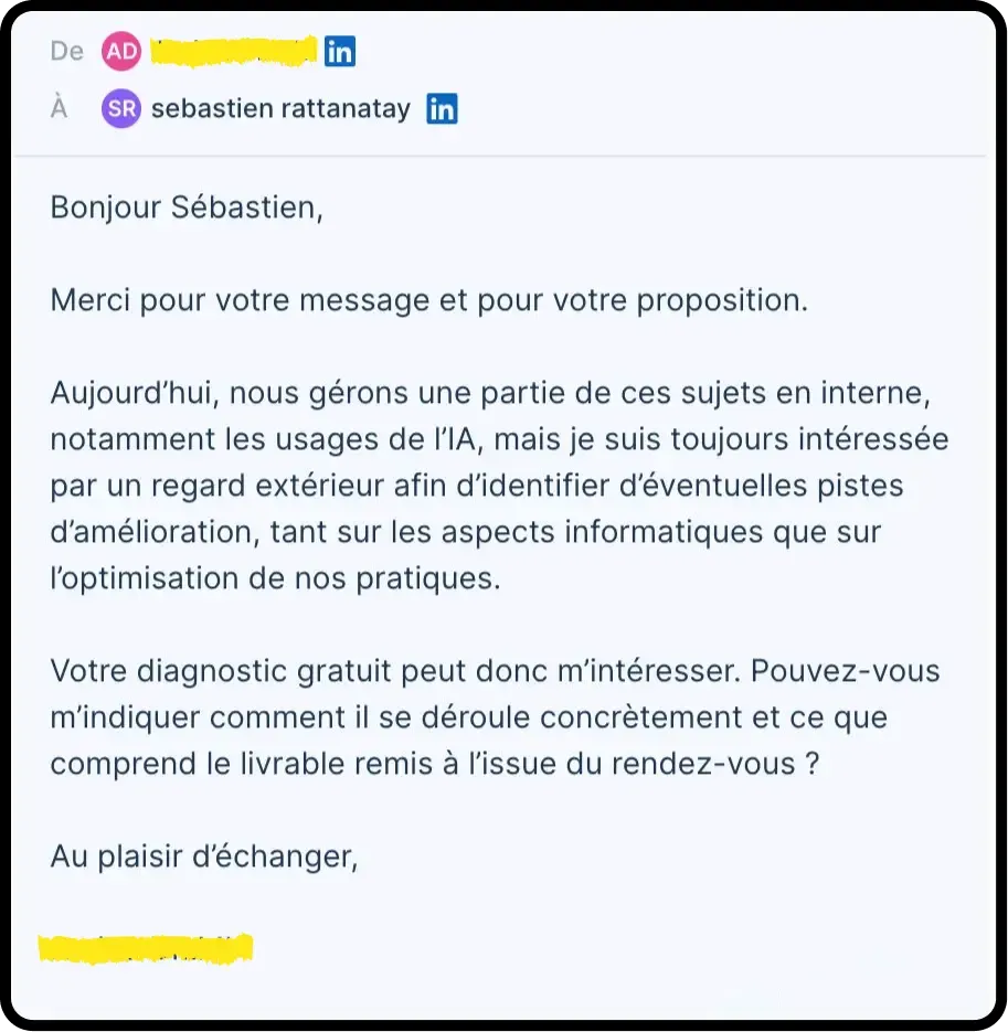 Réponse LinkedIn reçue par YSY ONE : un dirigeant intéressé par le diagnostic gratuit demande comment il se déroule et quel livrable il reçoit