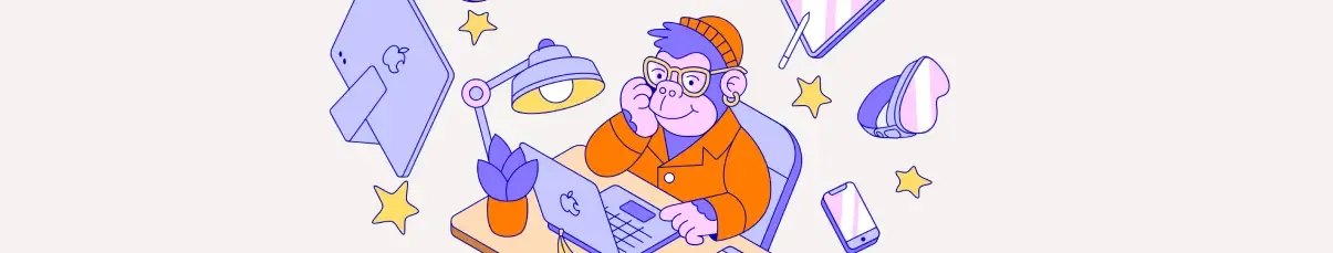 Mascotte de singe à lunettes au téléphone devant un MacBook, entourée d’appareils Apple