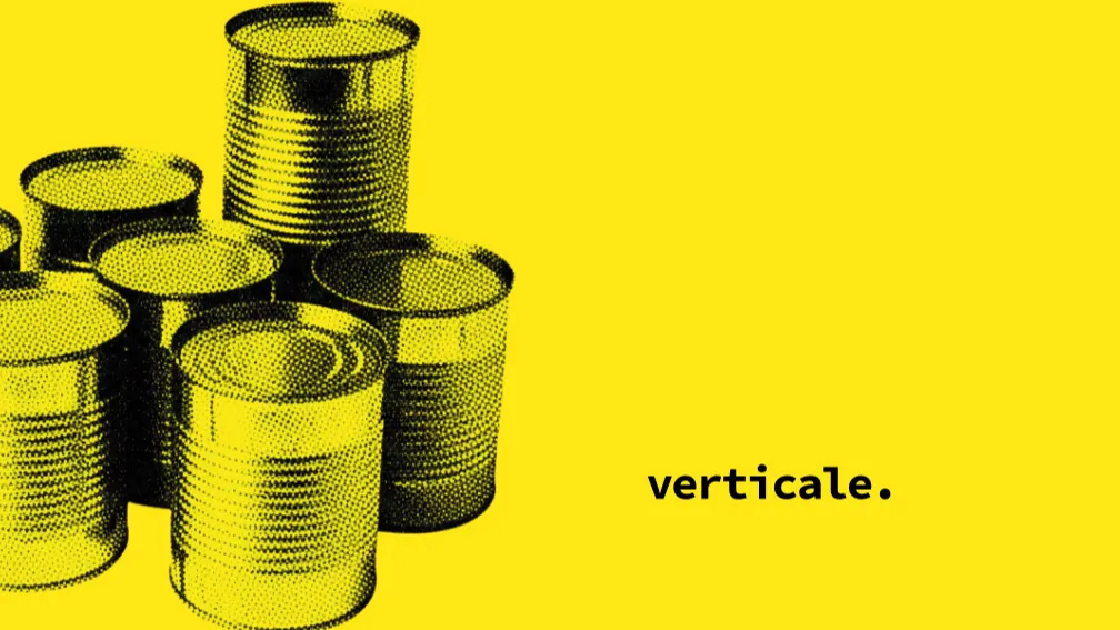 Boîtes de conserve tramées sur fond jaune, légende « verticale. »
