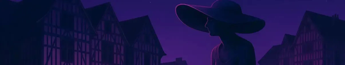 Silhouette d’une femme au chapeau devant les maisons à colombages de Troyes, la nuit