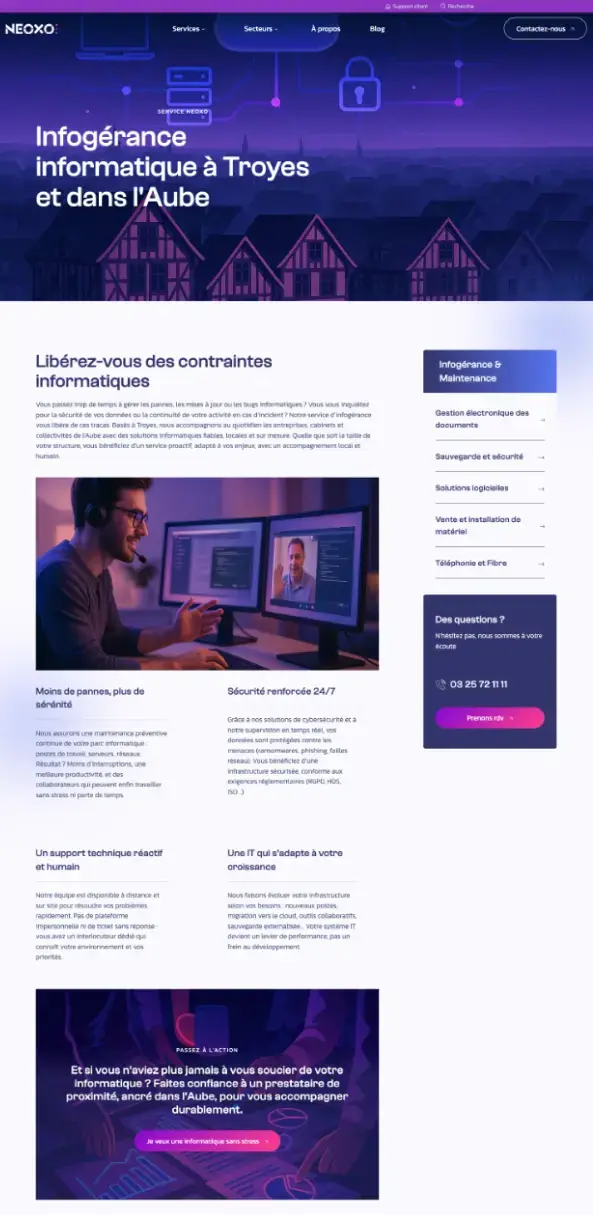 Page « Infogérance informatique à Troyes et dans l’Aube » du site NEOXO