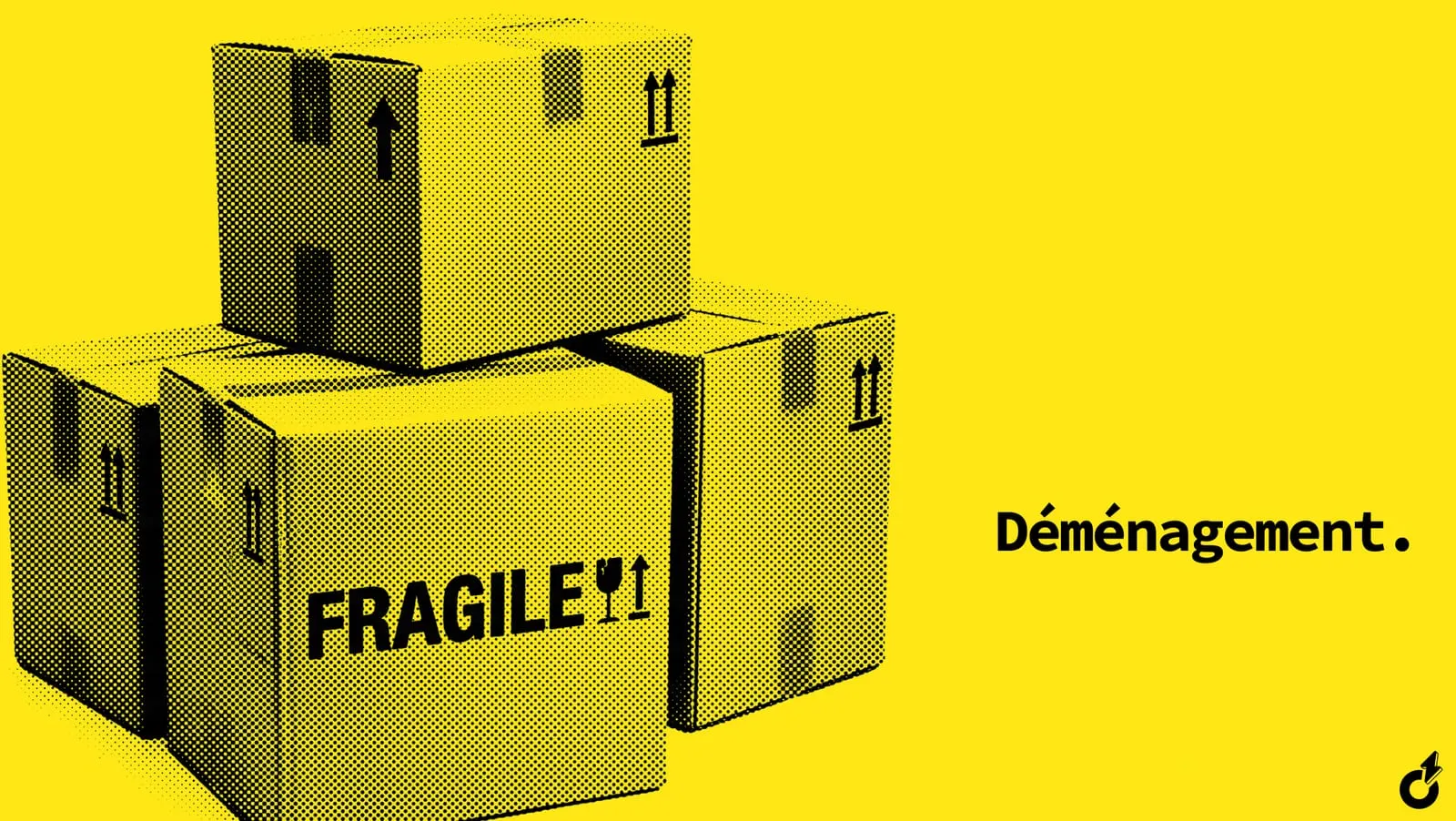 Cartons de déménagement tramés sur fond jaune, légende « Déménagement. »