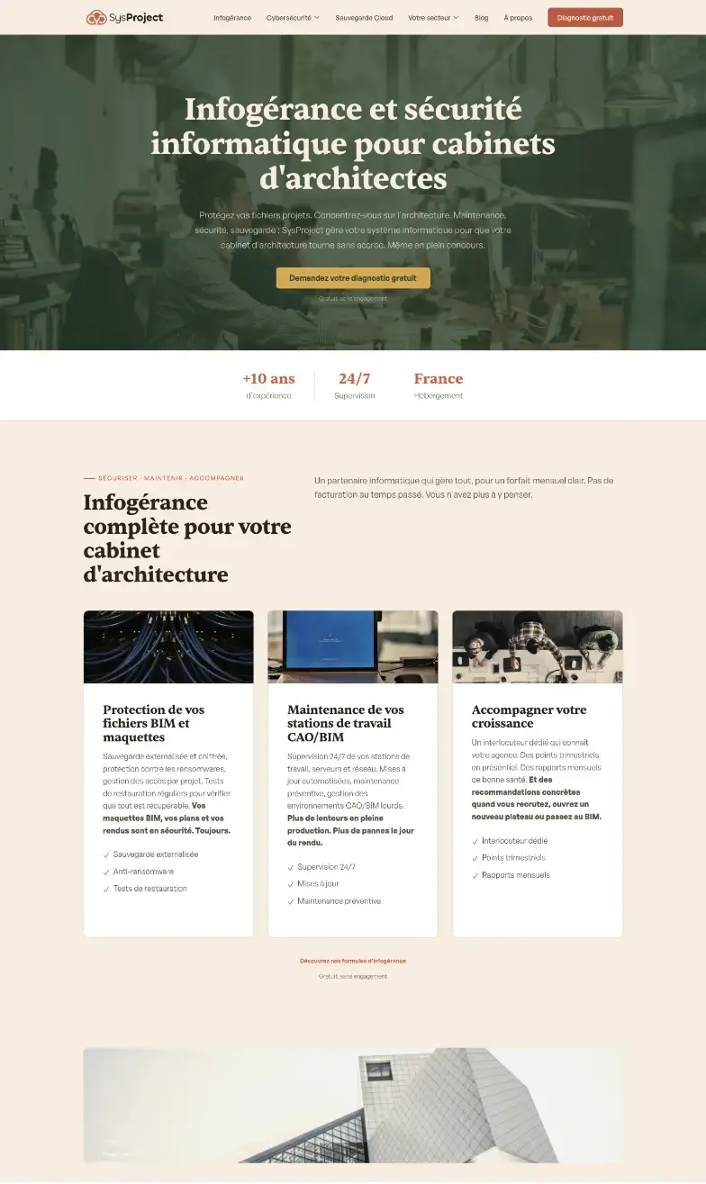 Page « Infogérance et sécurité informatique pour cabinets d’architectes » du site SYS-PROJECT