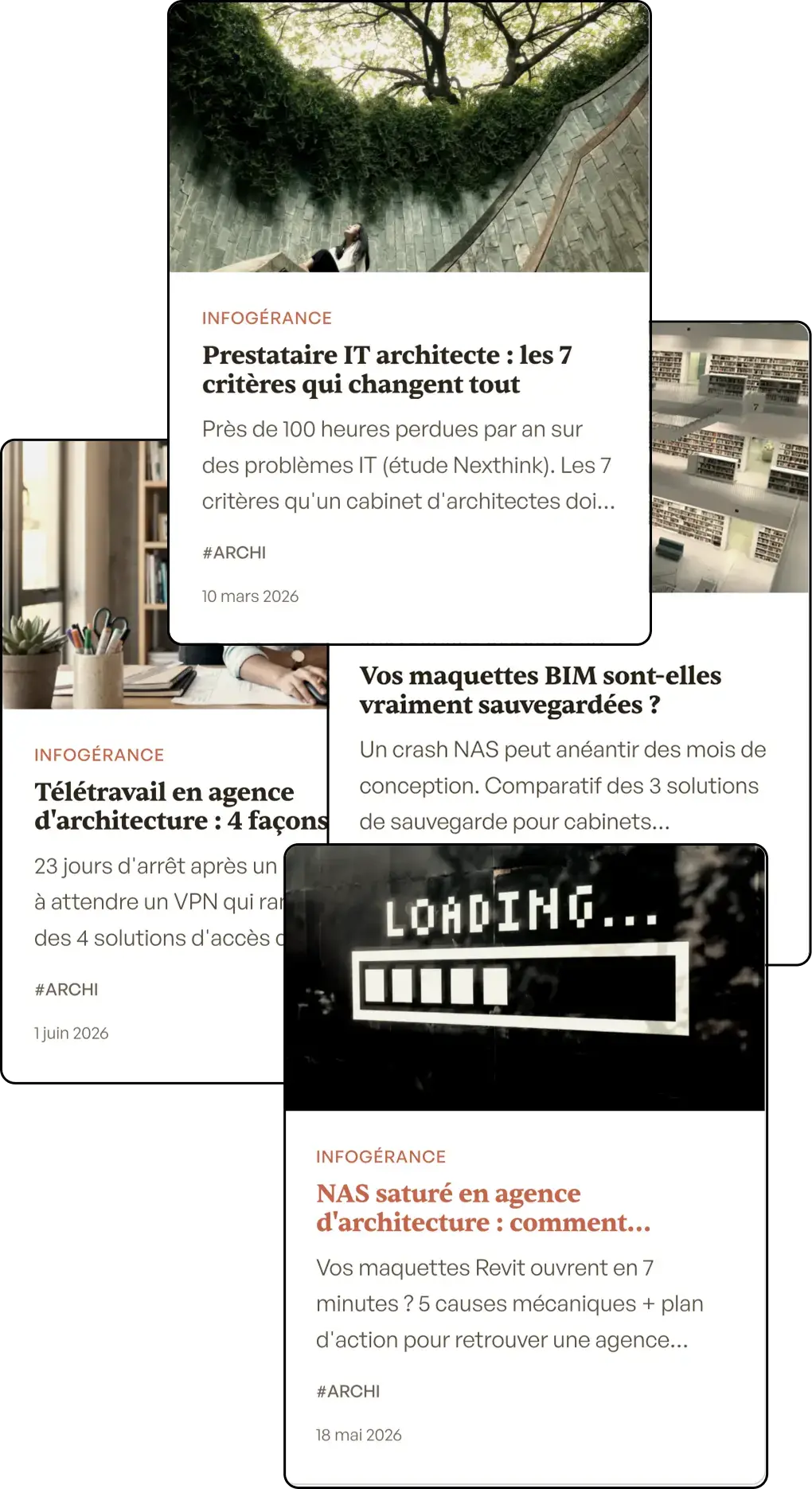 Quatre articles SYS-PROJECT pour les cabinets d’architectes : prestataire IT, télétravail, sauvegarde des maquettes BIM, NAS saturé