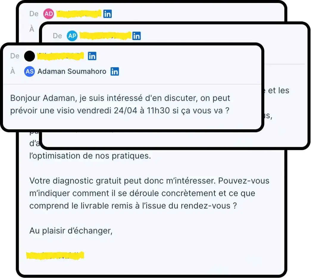 Réponses de prospects aux messages LinkedIn d’Adaman Soumahoro : proposition de visio et demande de diagnostic